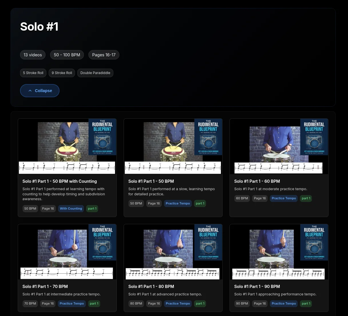 600+ professional drum instruction video demonstrations at multiple tempos